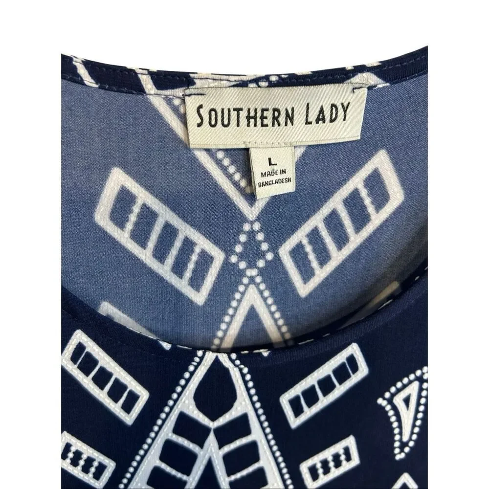 Southern Lady Navy Blue White Geometric Print 3/4 Sleeve Career Top Size L